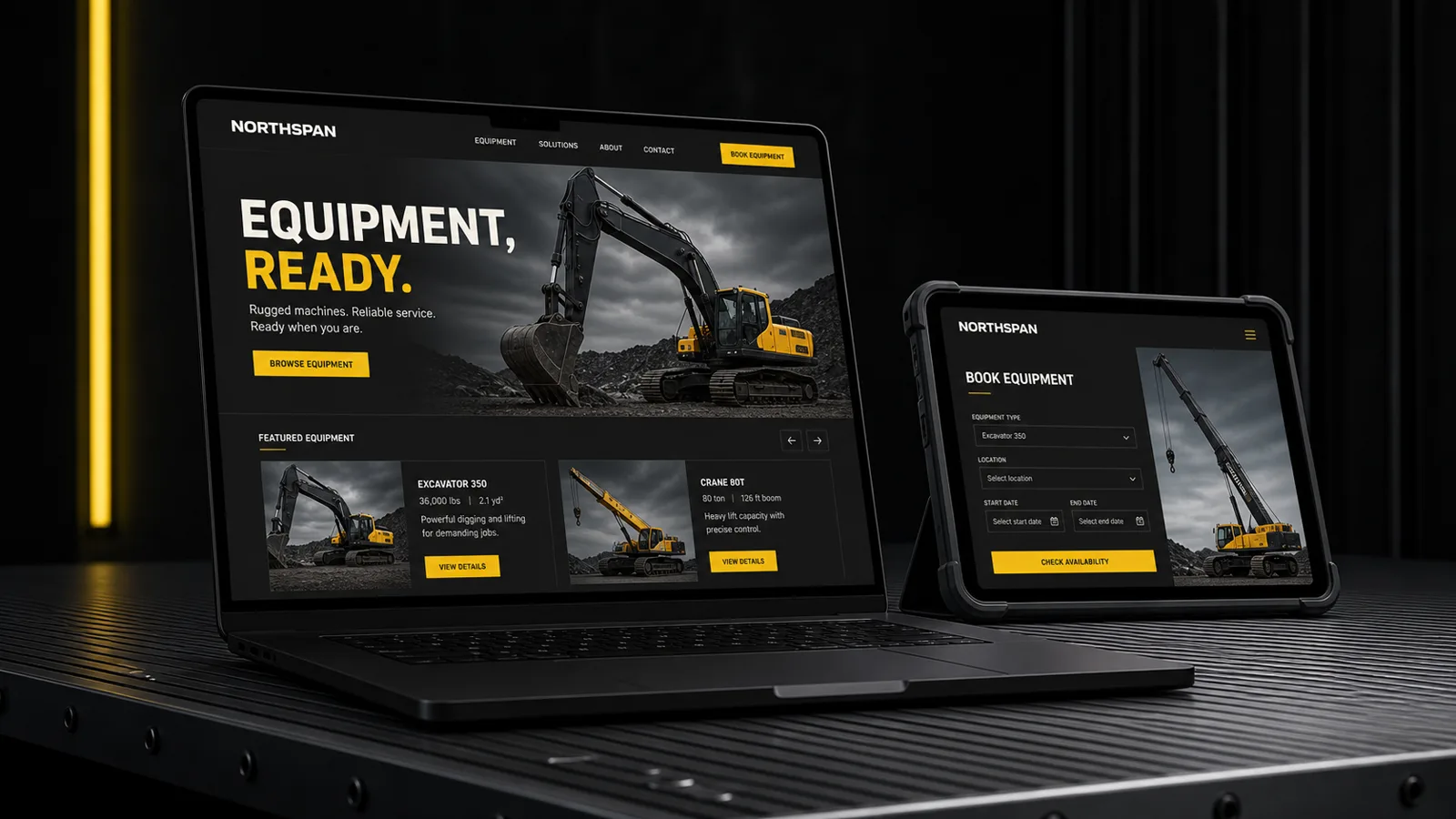 Northspan equipment rental website displayed on a laptop and rugged tablet