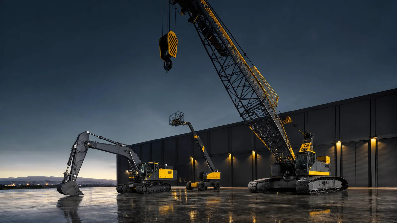 Northspan charcoal and yellow heavy equipment fleet outside a premium depot