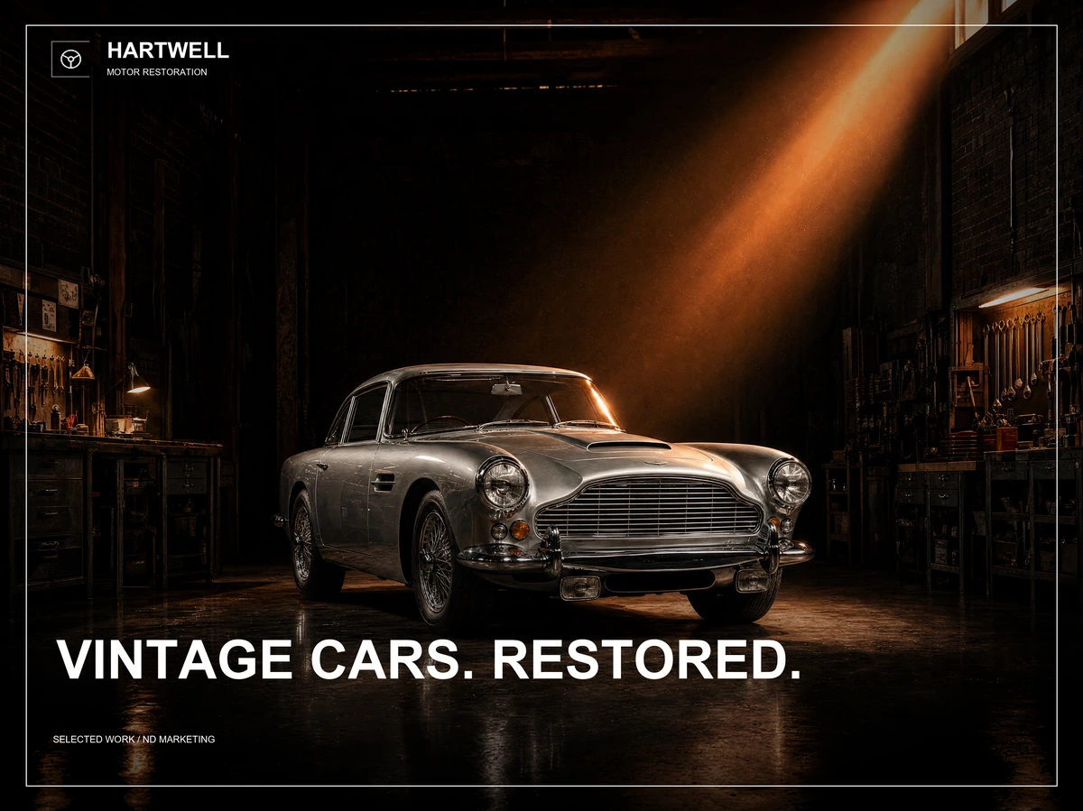 Hartwell case study: a restored classic car lit in a dark workshop, under the headline “Vintage cars. Restored.” ND produced the website design and development, brand experience and art and motion direction.