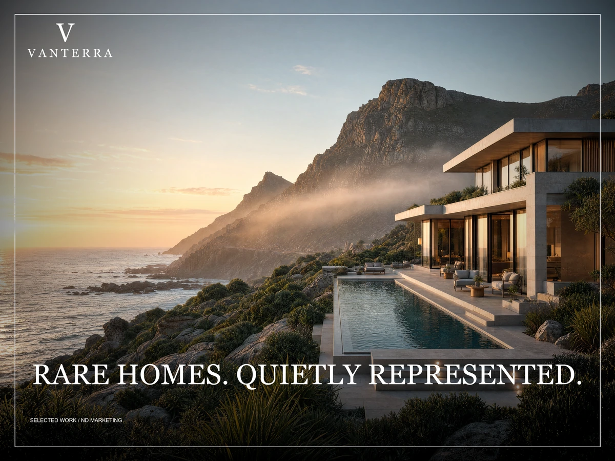 Vanterra case study: a clifftop home above the sea at dusk, under the headline “Rare homes. Quietly represented.” ND produced the naming and positioning, visual identity and property marketing.